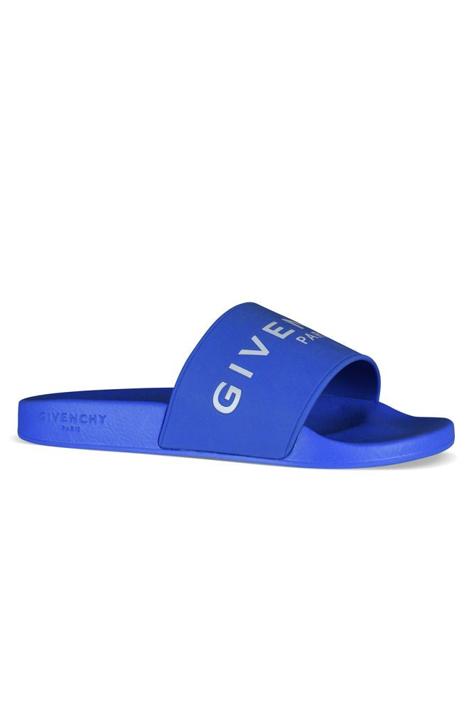 Wide Strap Blue Slides With Embossed Logo