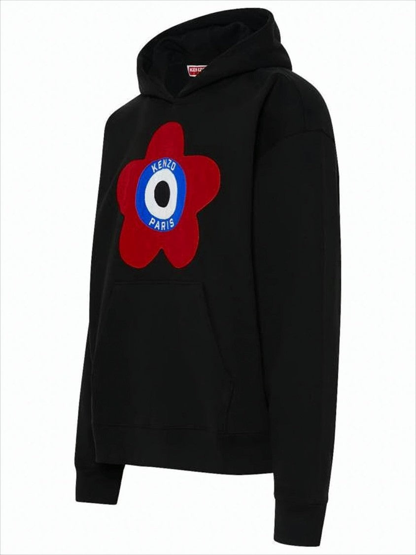 Cotton Blend Black Hoodie With Bold Floral Emblem