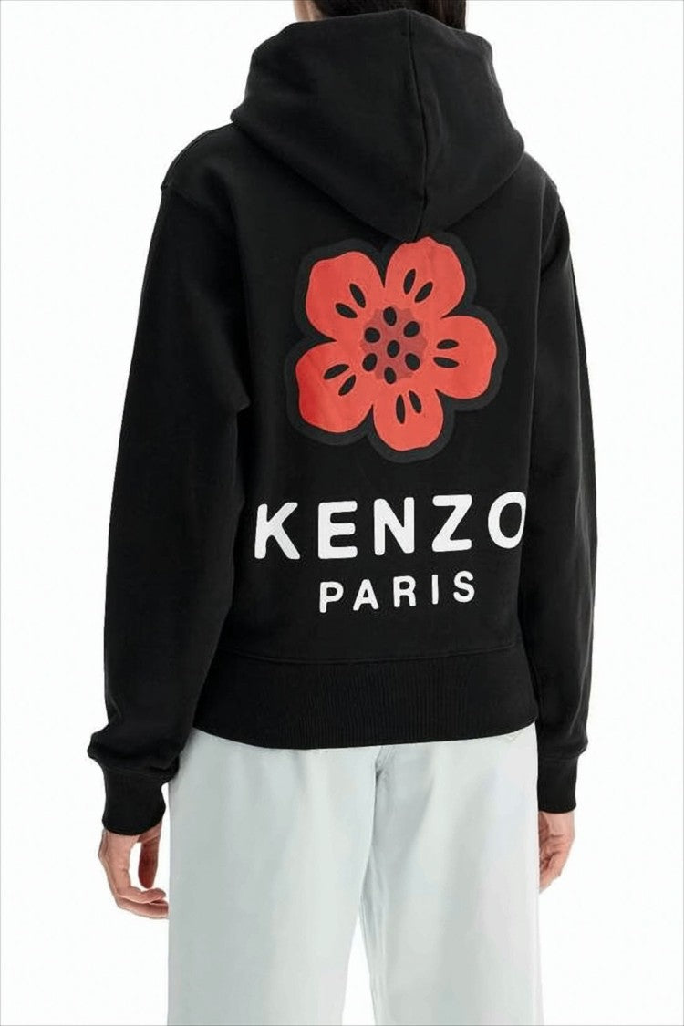 Cropped Black Hoodie With Floral Emblem And Graphic Design