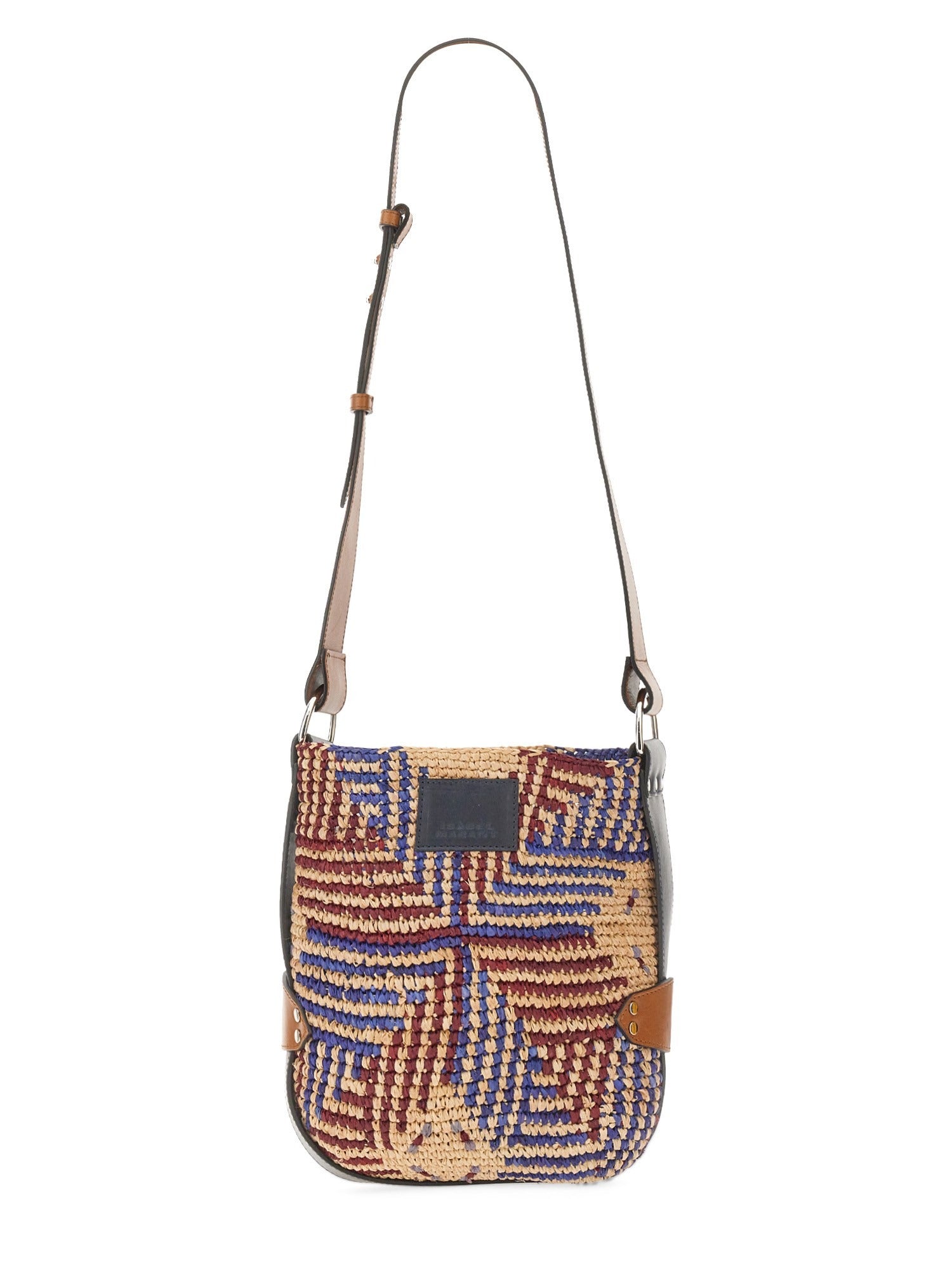 Geometric Pattern Raffia Shoulder Bag with Leather Accents