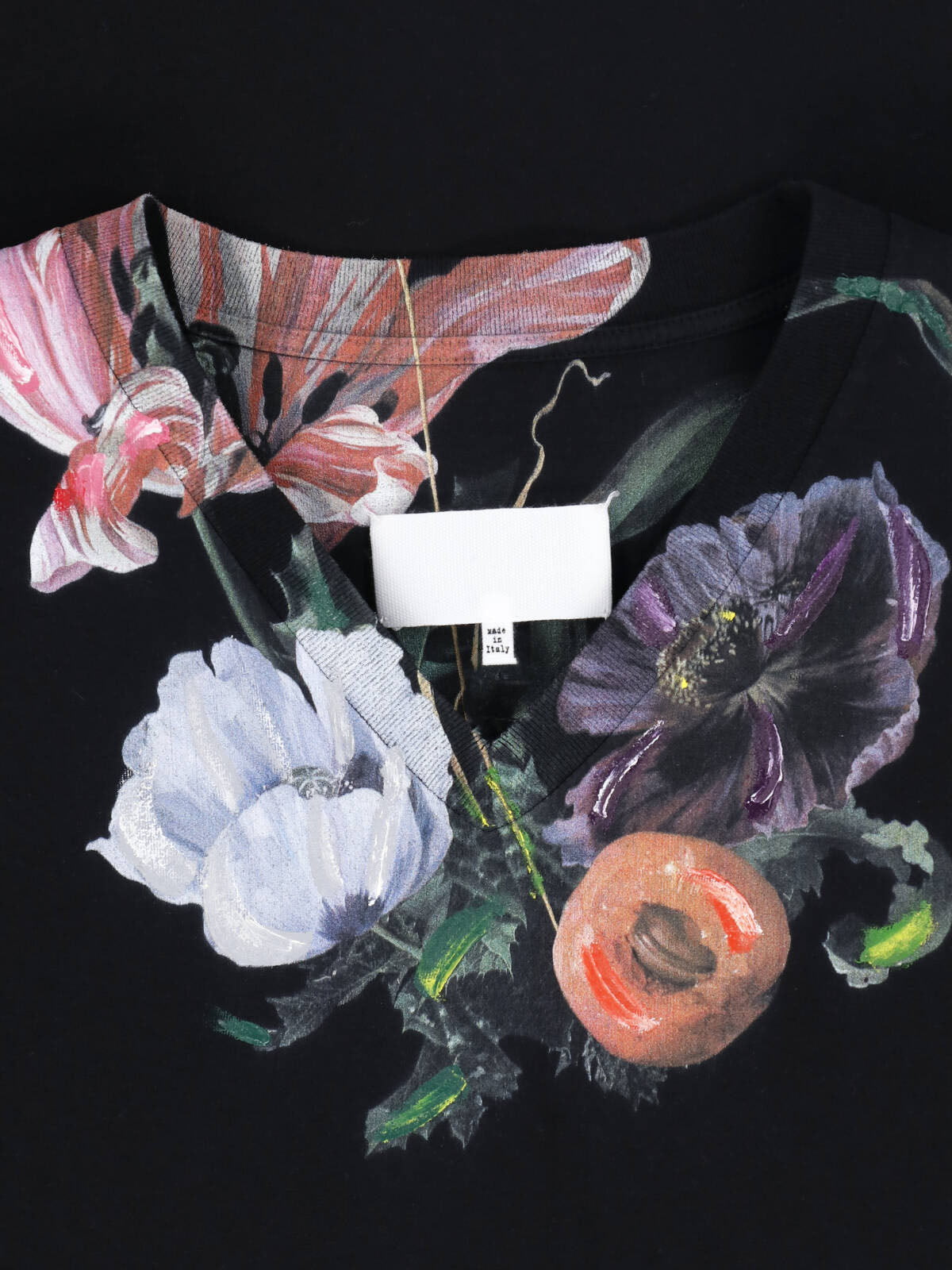 Black V-Neck Floral Print T-Shirt