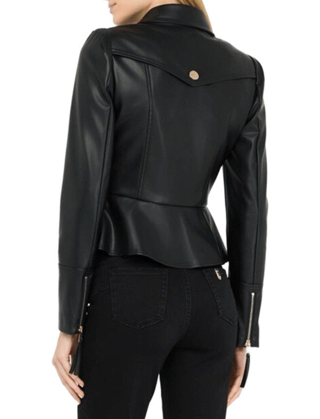 Coated Fabric Peplum Jacket With Zip Cuffs And Metal Logo