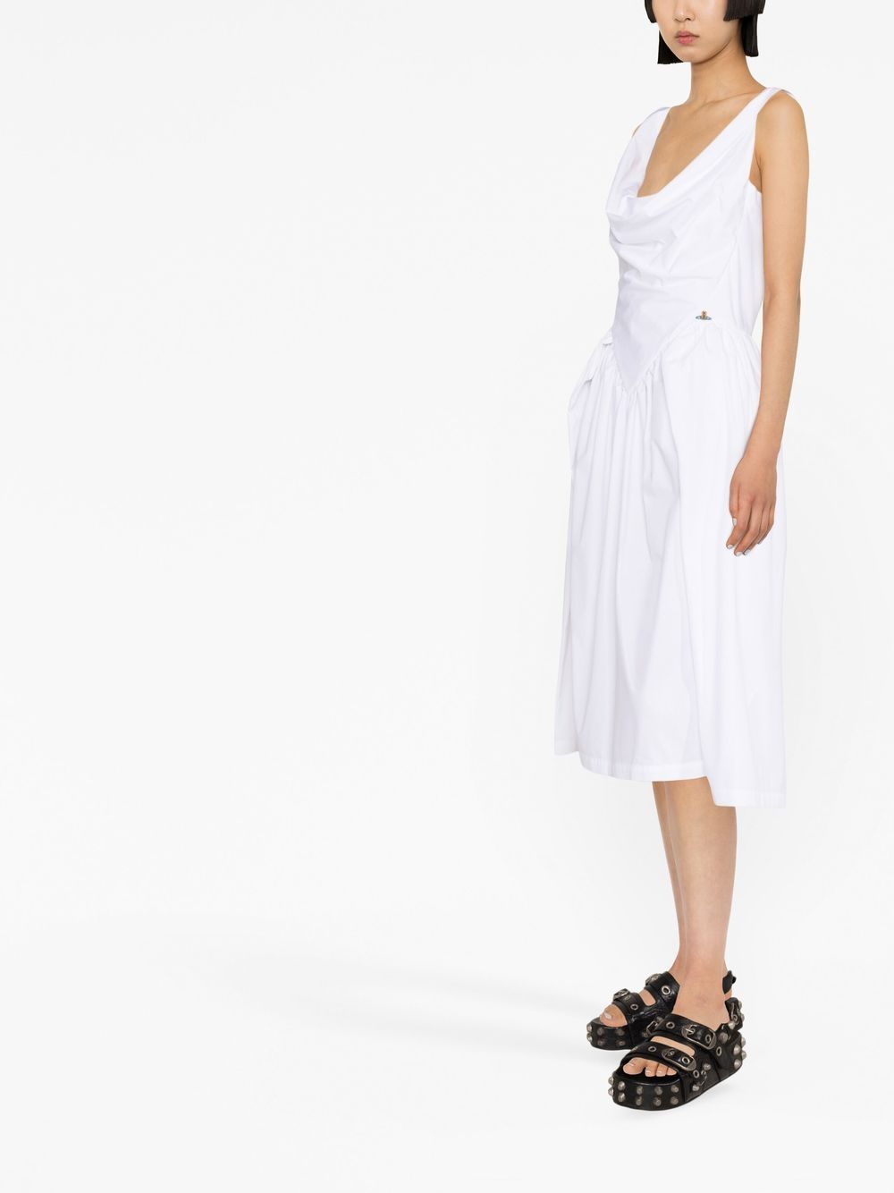 Draped Midi Dress With Fitted Bodice And Gathered Skirt
