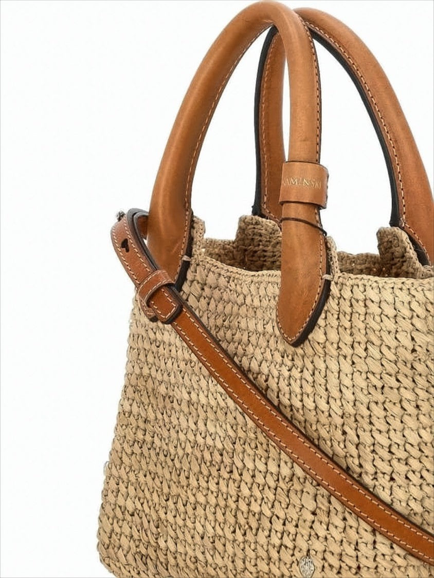 Woven Raffia Tote Bag with Leather Accents
