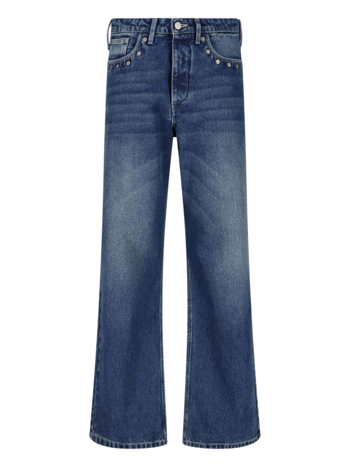 Wide-Leg Denim Jeans with Subtle Fading and Metallic Accents