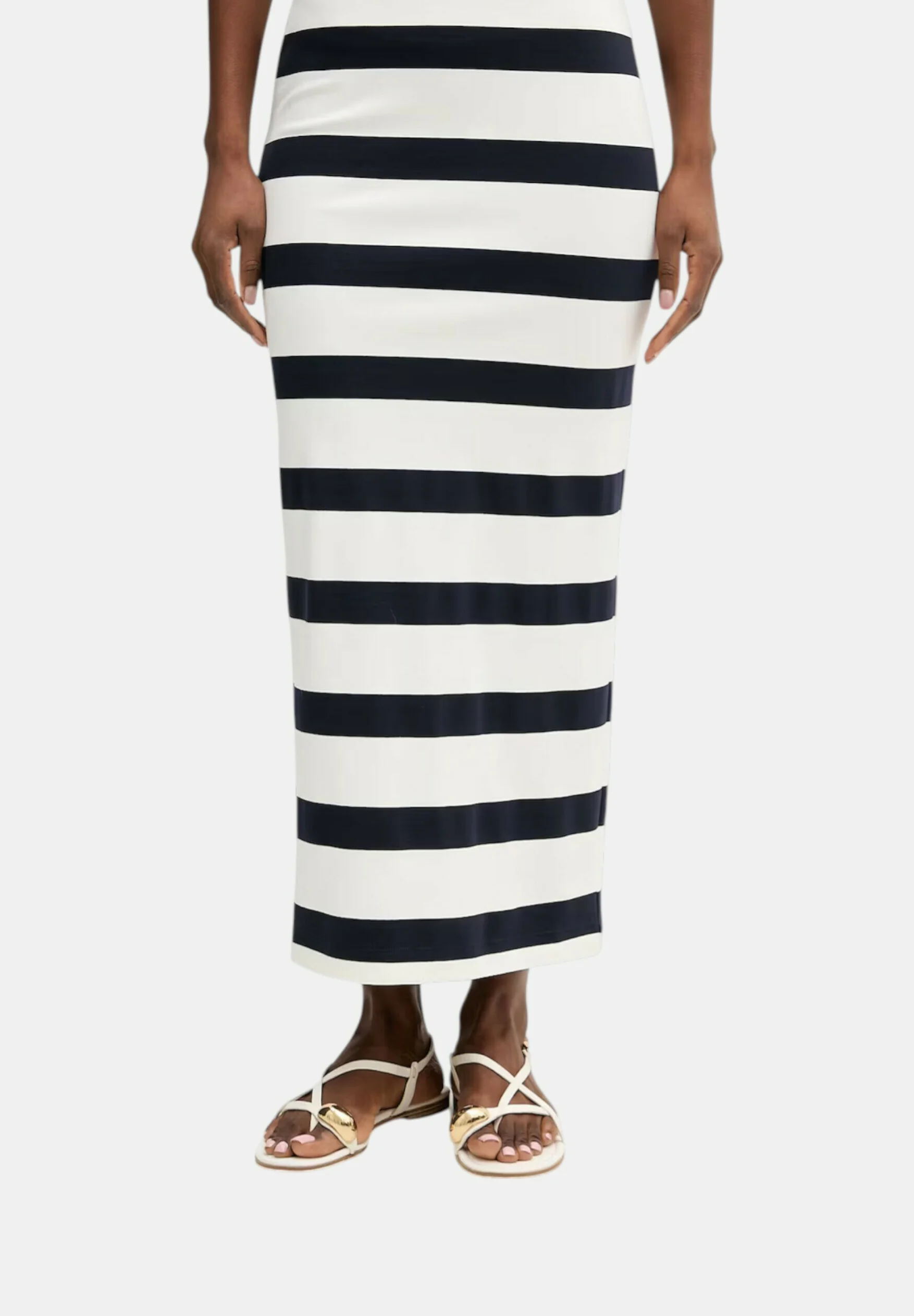 Navy Striped Viscose Midi Skirt