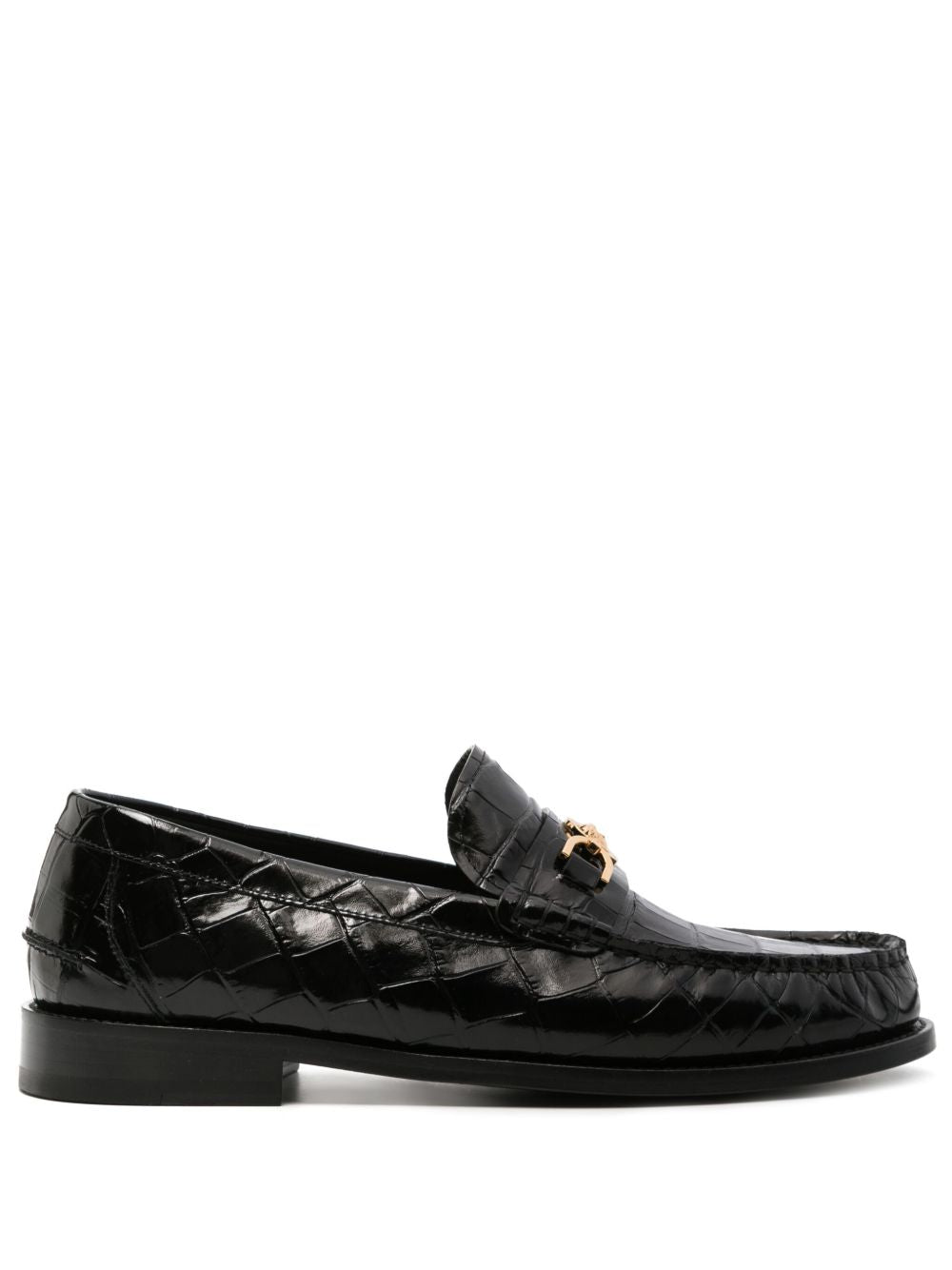 Glossy Black Crocodile-Pattern Flat Shoes