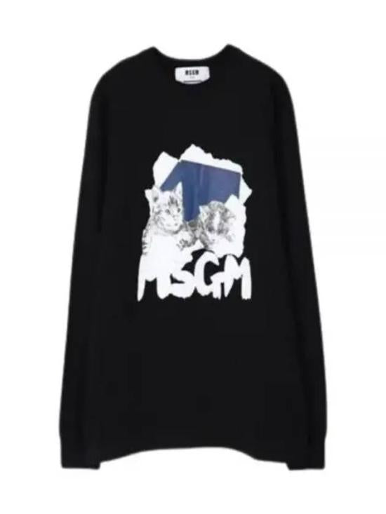 Long-Sleeve Black Cotton T-Shirt with Graphic Cat Print