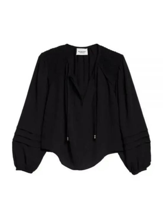 V-Neck Black Blouse with Pleated Sleeve Details