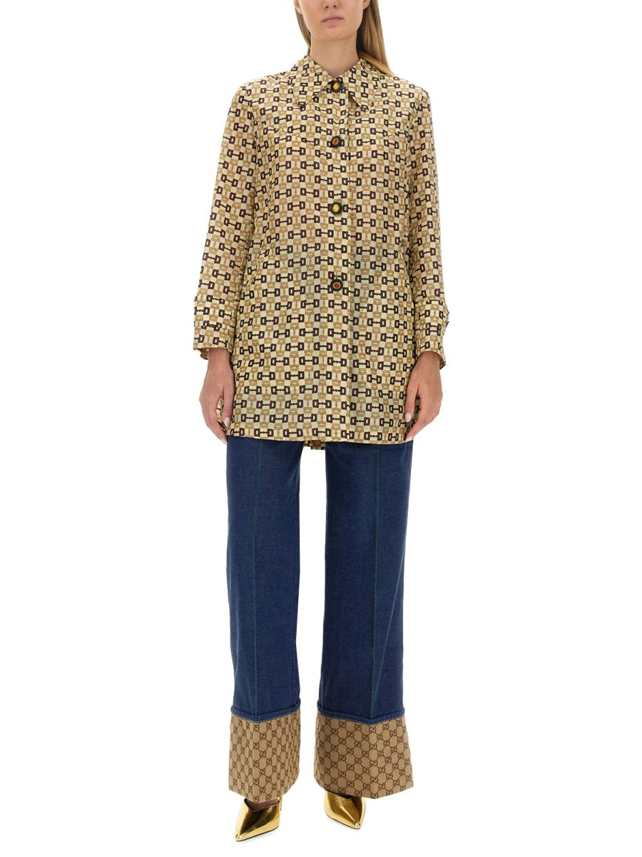 Horsebit Print Long Coat with Structured Silhouette