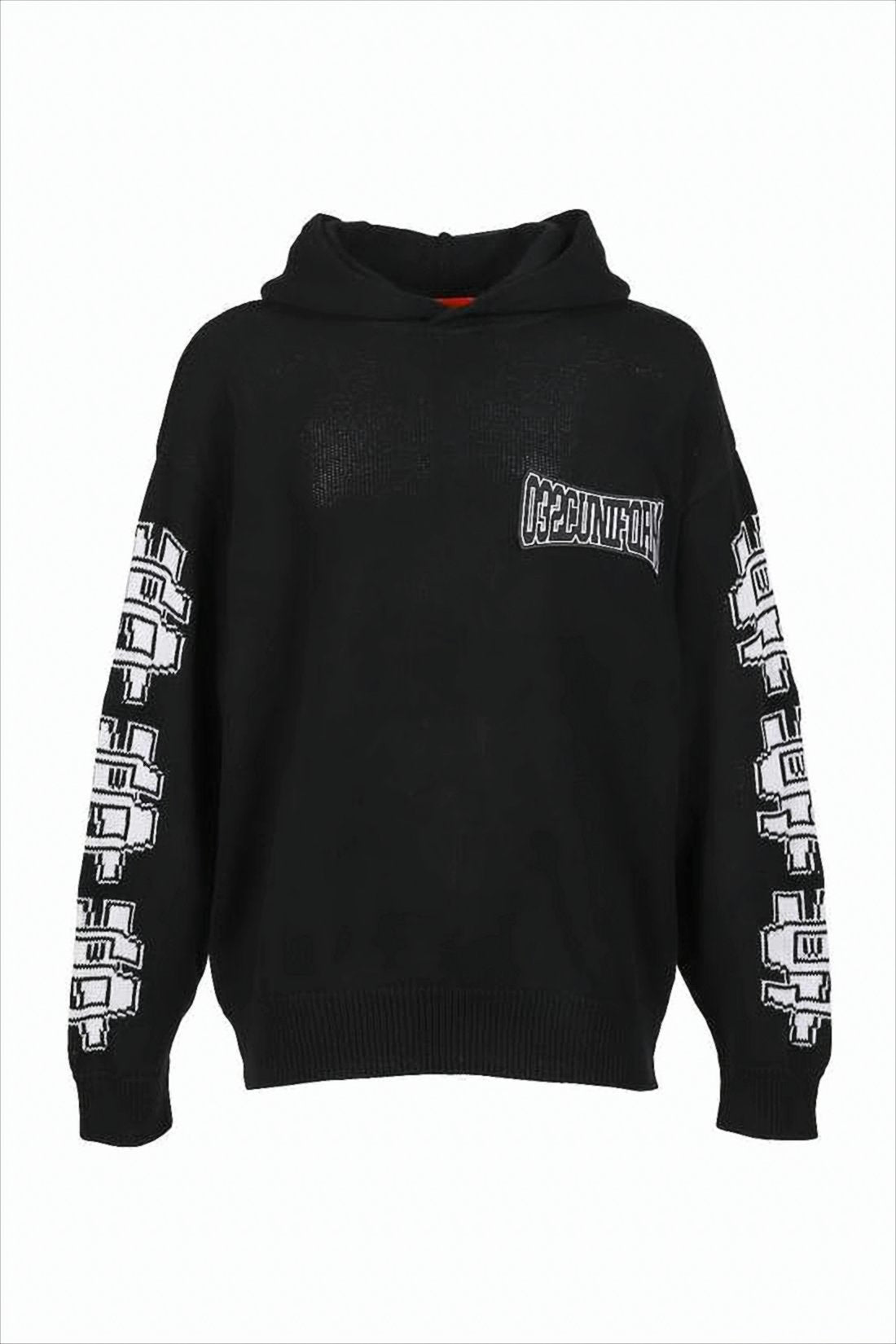 Black Hooded Knit Sweater with Graphic Motifs
