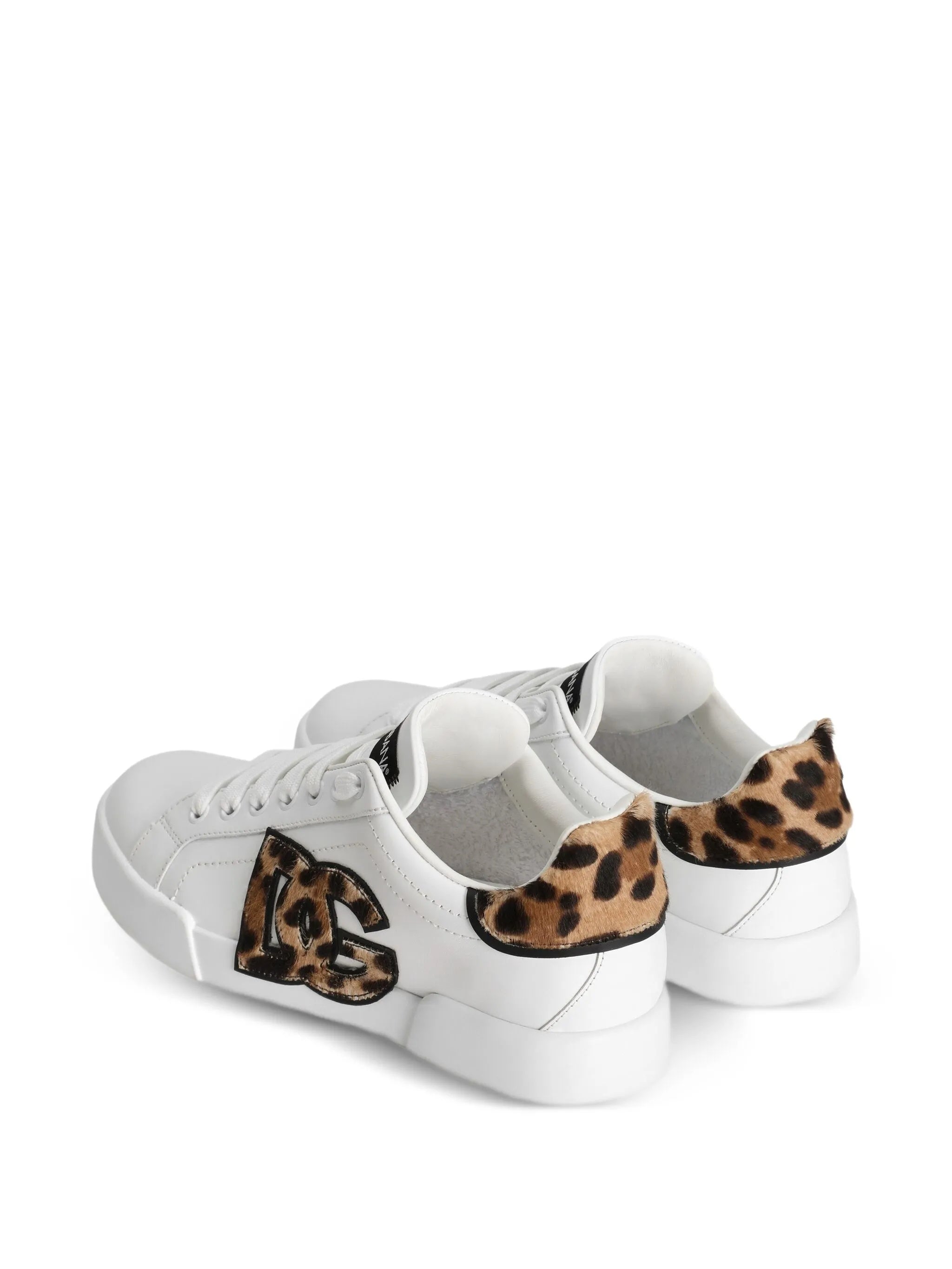 White Low-Top Leopard Print Accent Sneakers