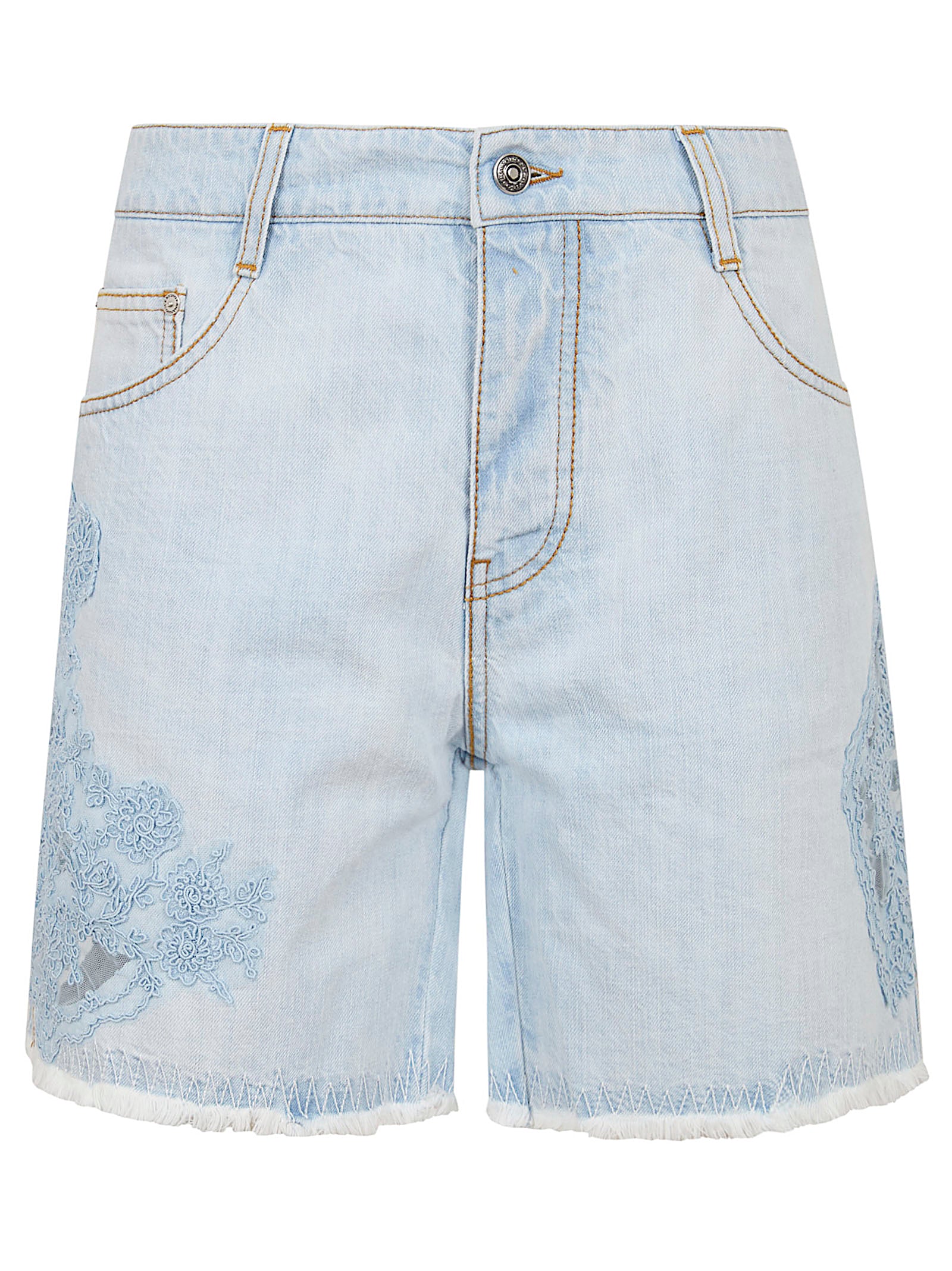 Embroidered Light Blue Denim Bermudas With Frayed Hem