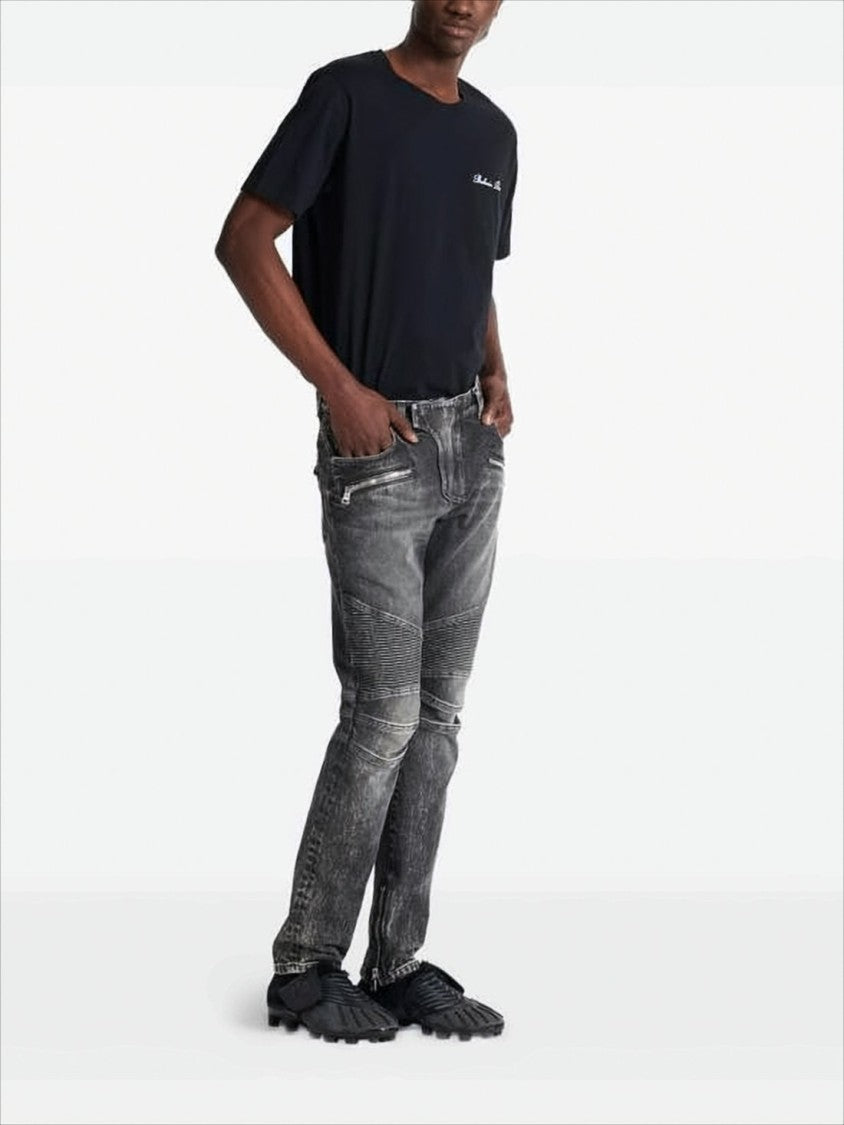 Slim Fit Distressed Denim Pants with Ribbed Detailing