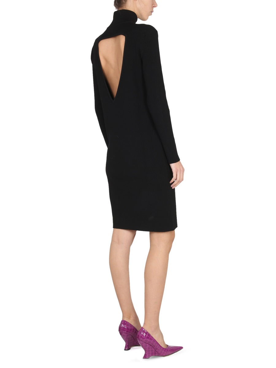 High Neck Ribbed Knit Dress with Textured Silhouette