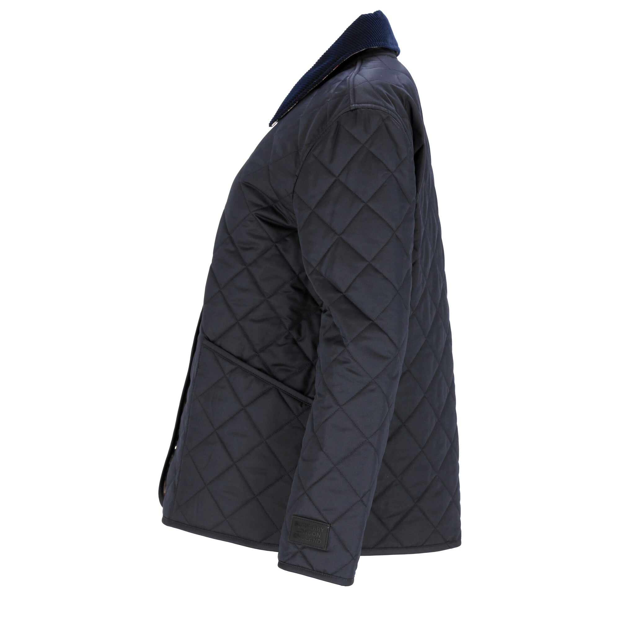 Quilted Blue Jacket With Corduroy Collar And Signature Details