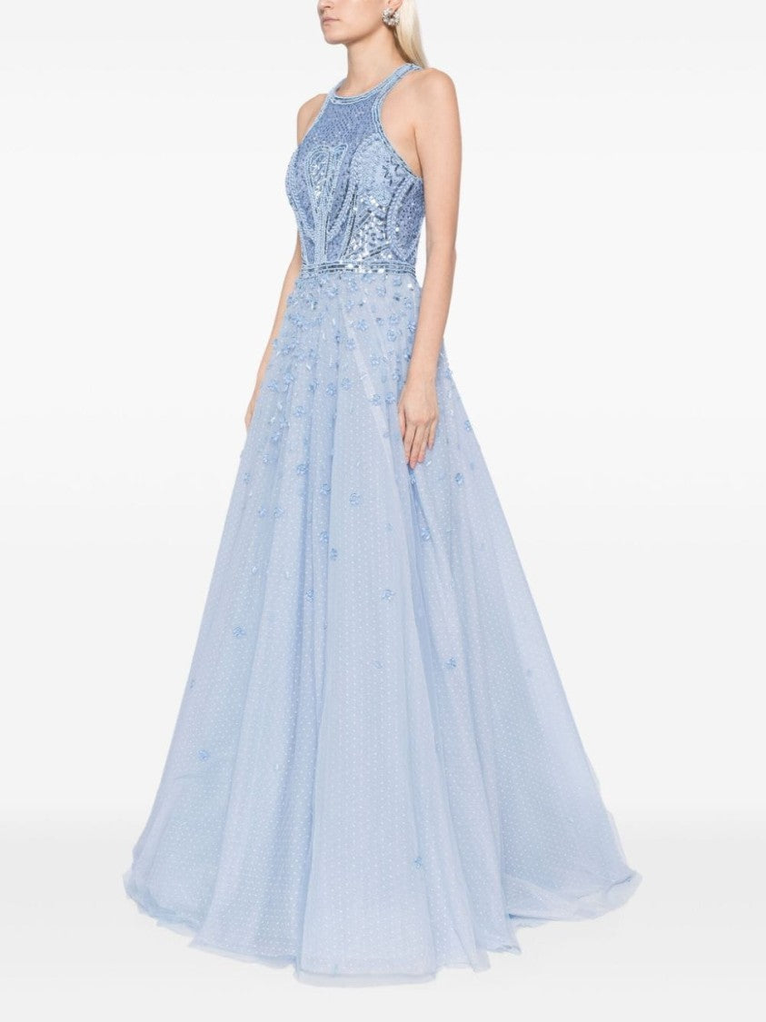 Tulle Beaded Dress With Halter Neckline