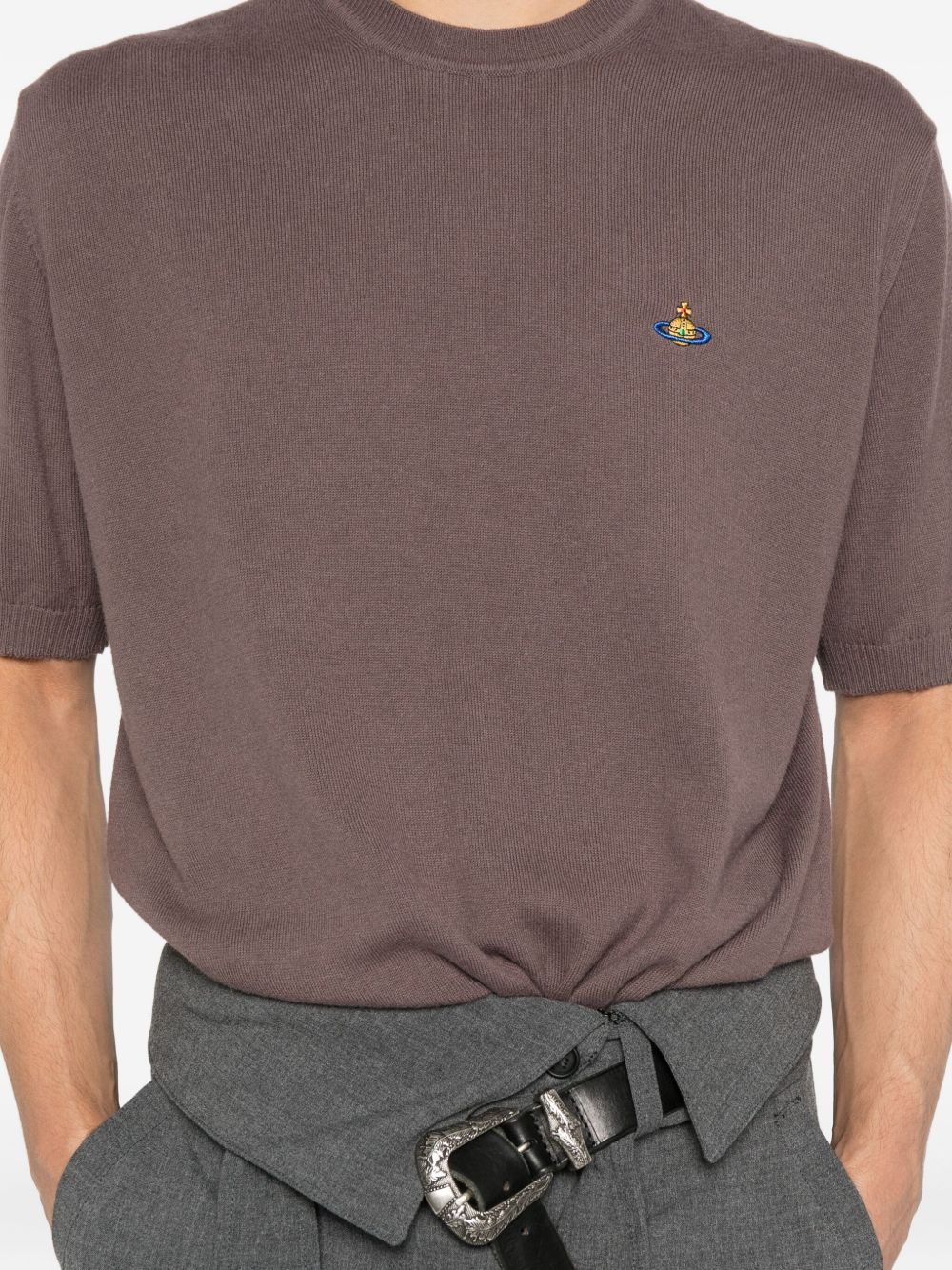 Short-Sleeved Brown Sweatshirt with Logo Embroidery