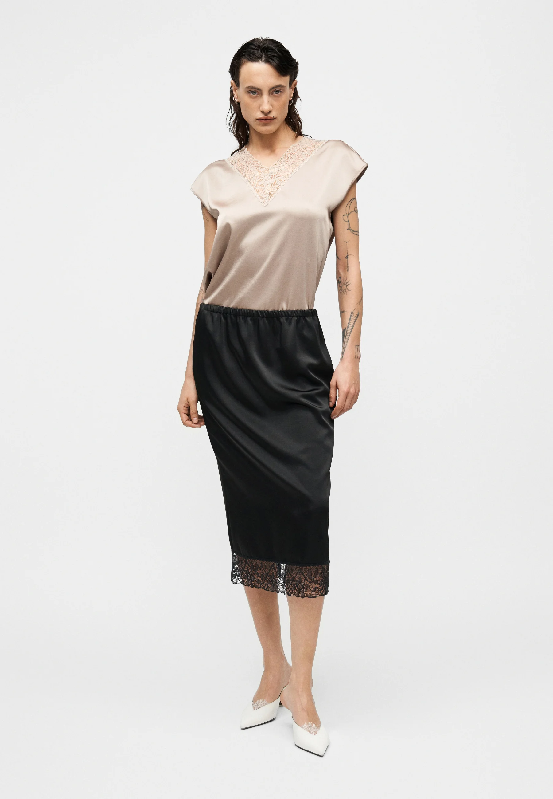 Black Cotton Linen Midi Skirt