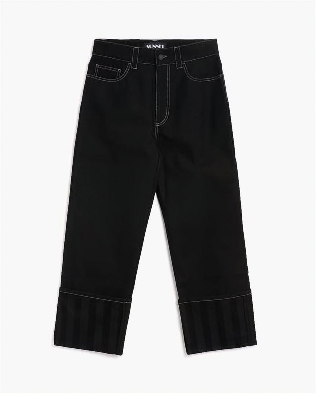 Cropped Wide-Leg Denim Pants with Subtle Striped Cuff