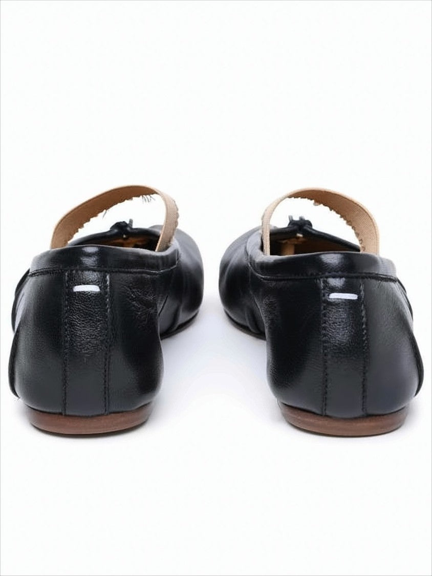 Split-Toe Black Leather Flats with Beige Strap Detail
