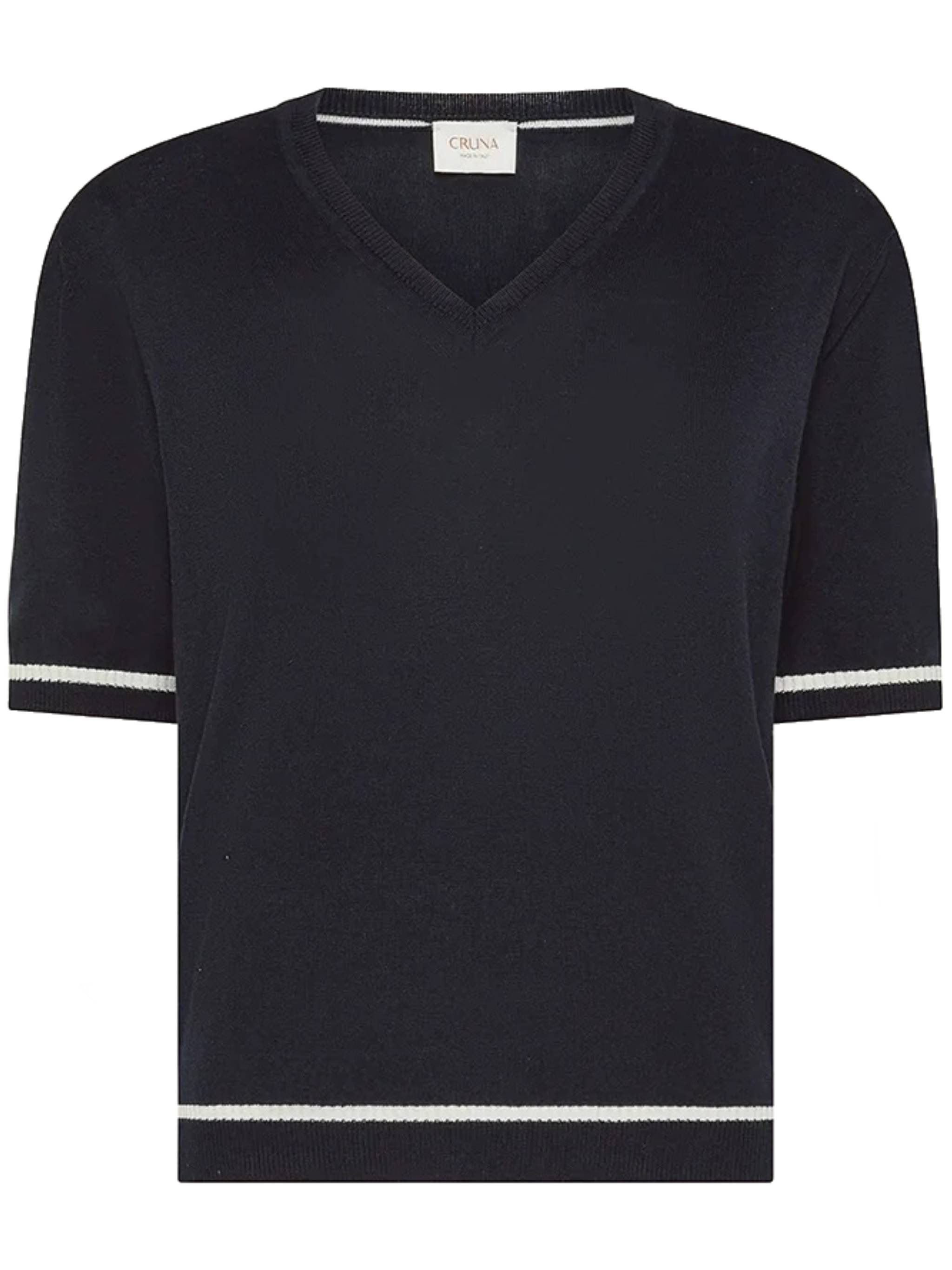 Dark Cropped V-Neck Contrasting Stripe T-Shirt