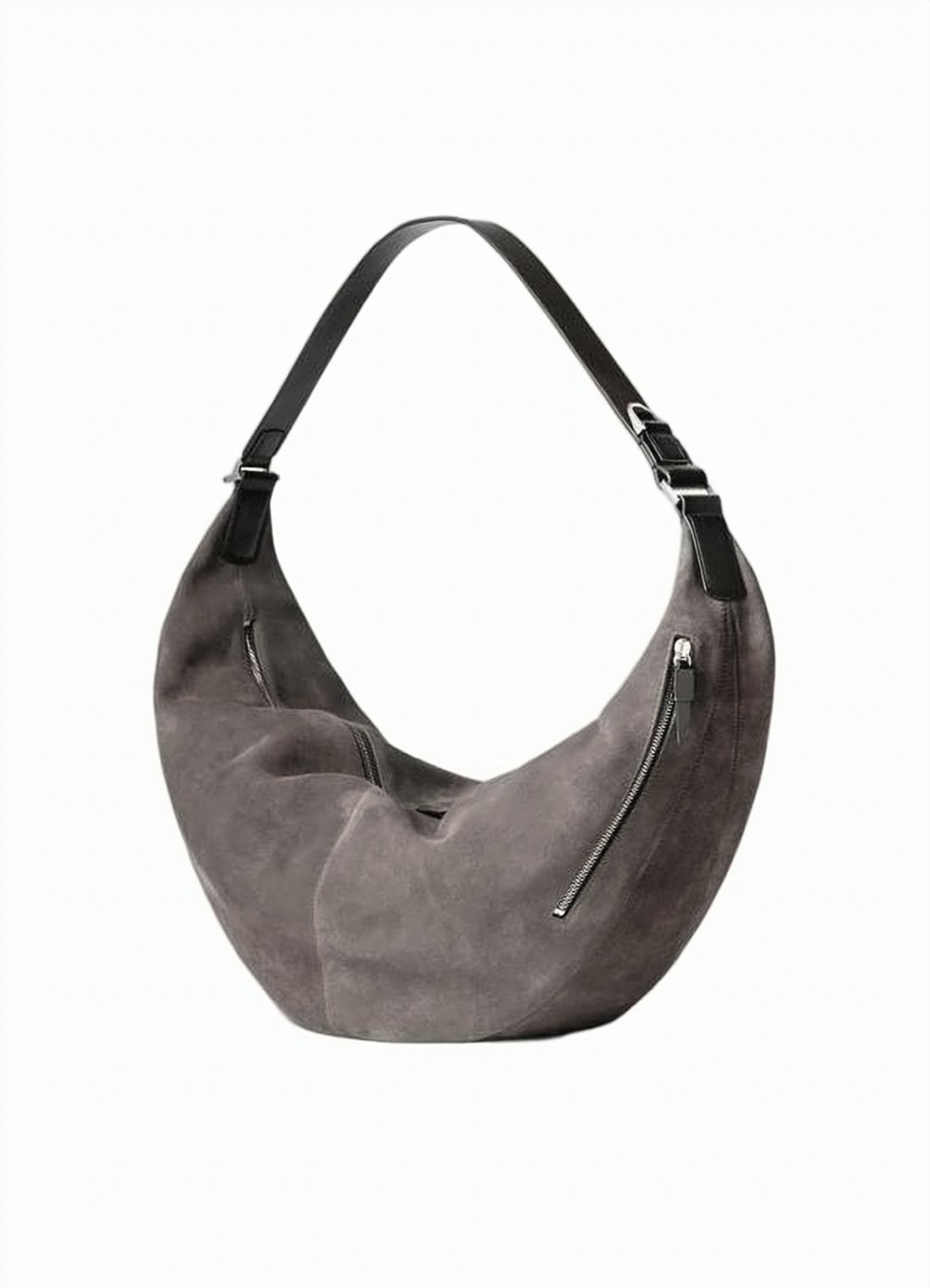 Crescent-Shaped Suede Shoulder Bag with Leather Accents