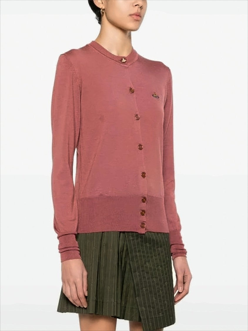Tailored Red Wool-Silk Blend Cardigan with Embroidered Emblem