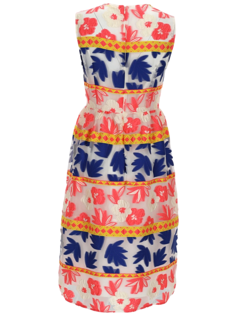Sleeveless Fitted Floral Dress with Geometric Detailing