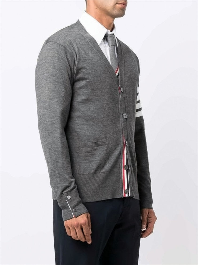 V-Neck Grey Wool Cardigan with Signature Striped Detail