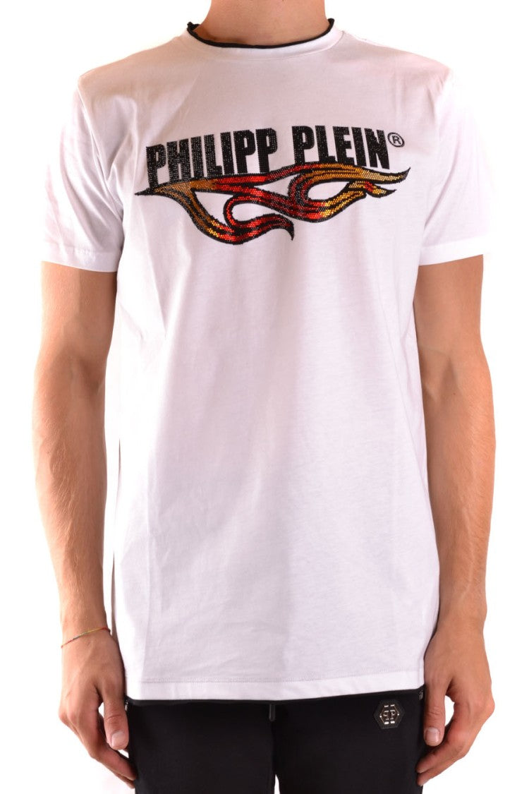 Graphic White T-Shirt With Flame Motifs