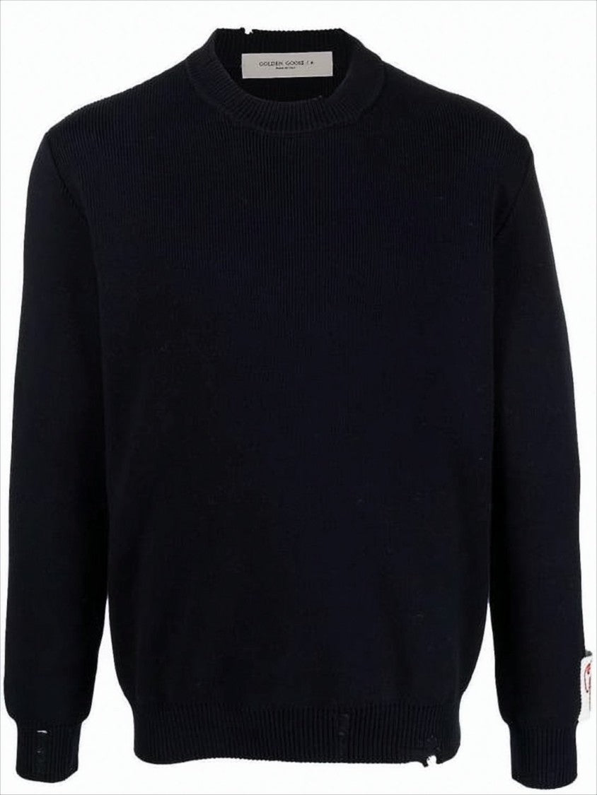 Ribbed Black Crew Neck Sweater with Distressed Finish