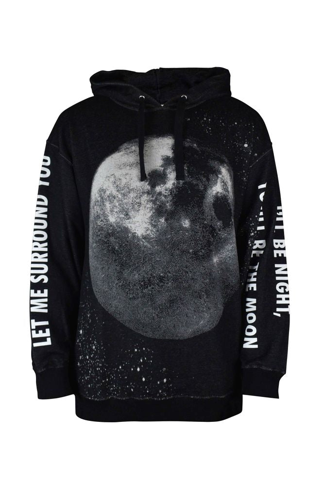 Moon Print Oversized Hoodie With Ribbed Hems