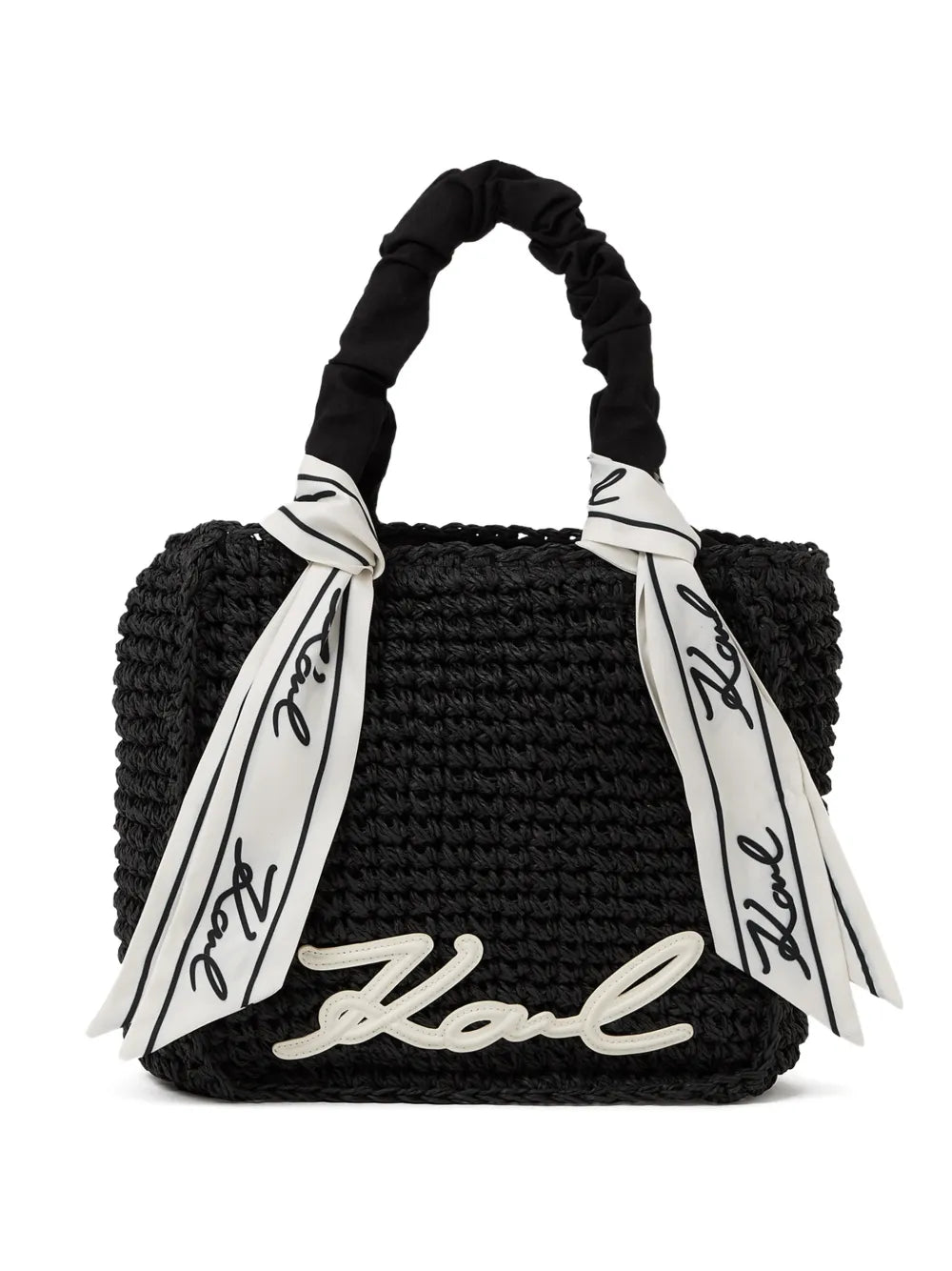 Woven Handbag with Ruched Handle and Signature Detail