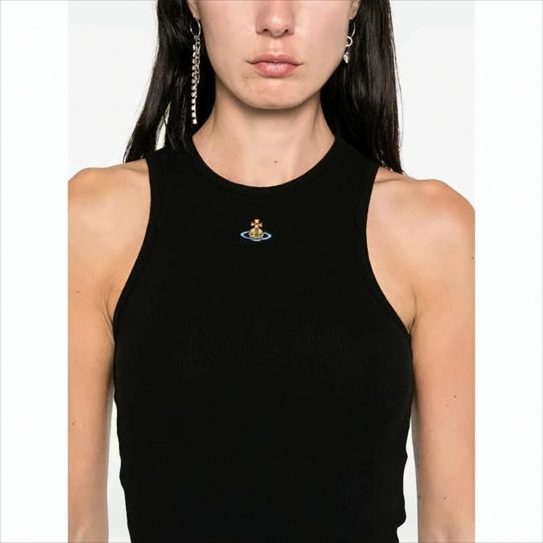Fitted Black Sleeveless Top with High Neckline