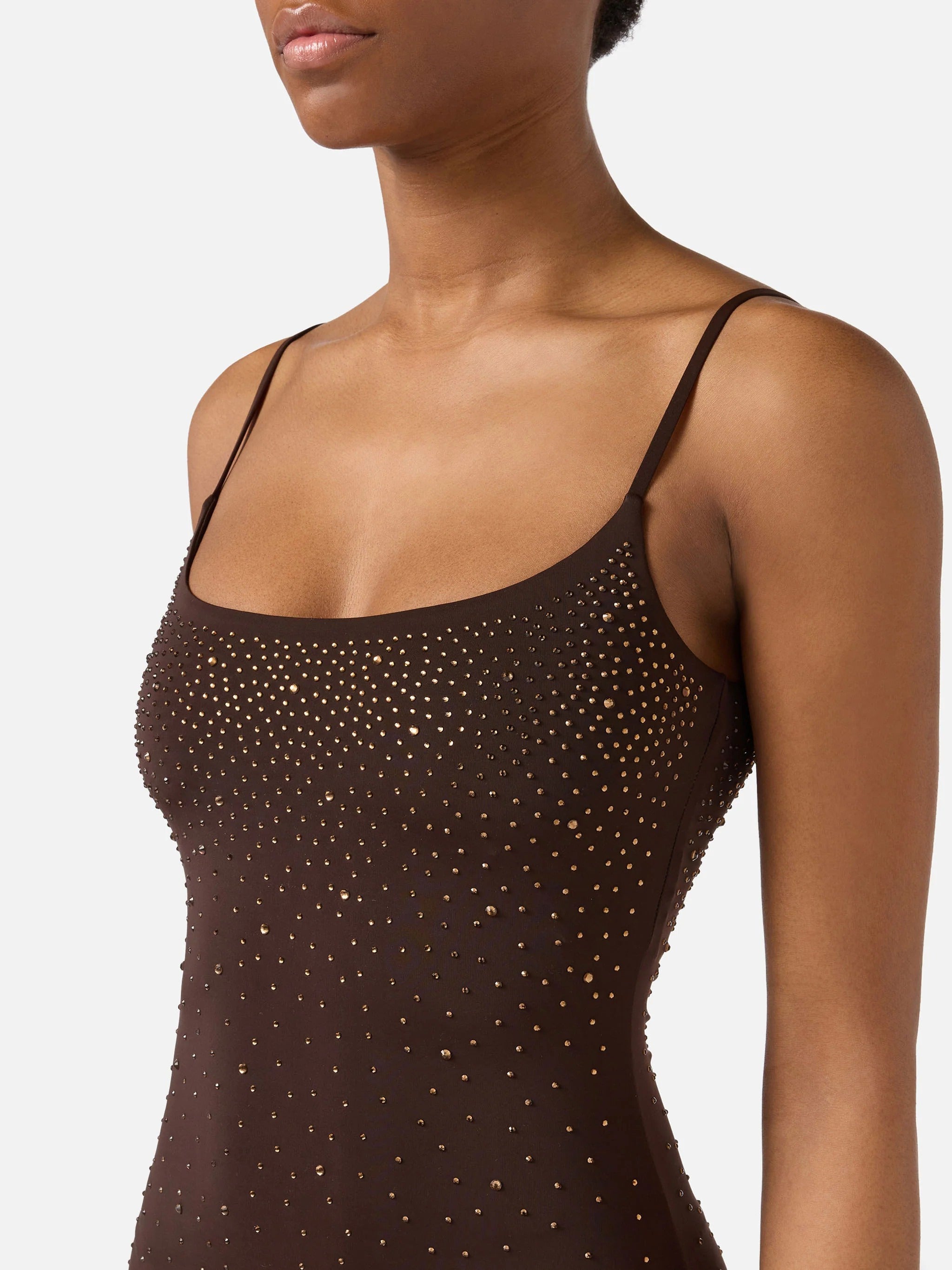 Midi-Length Dress with Spaghetti Straps and Gradient Embellishments