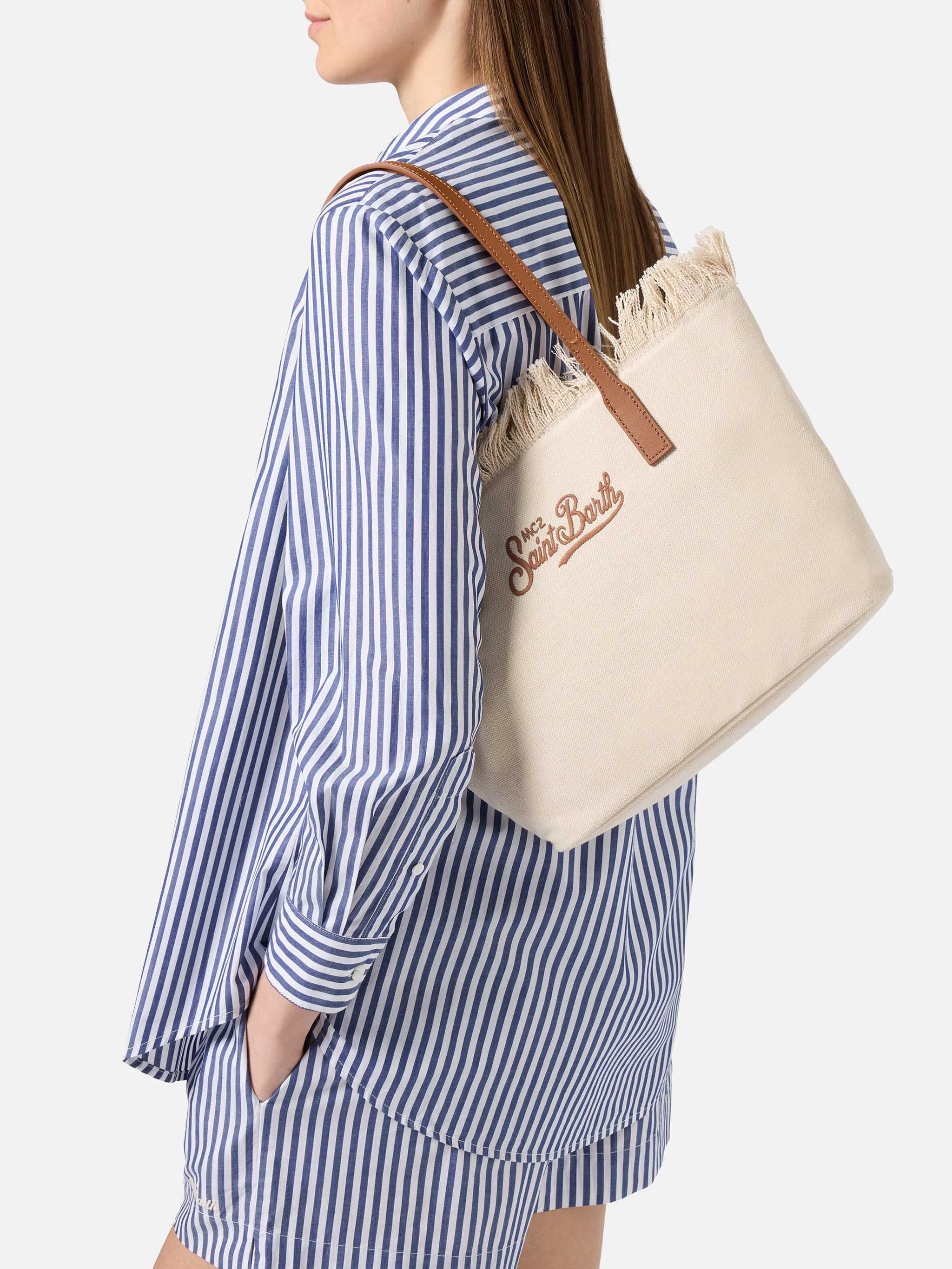 Fringed Beige Canvas Tote Bag with Leather Accents
