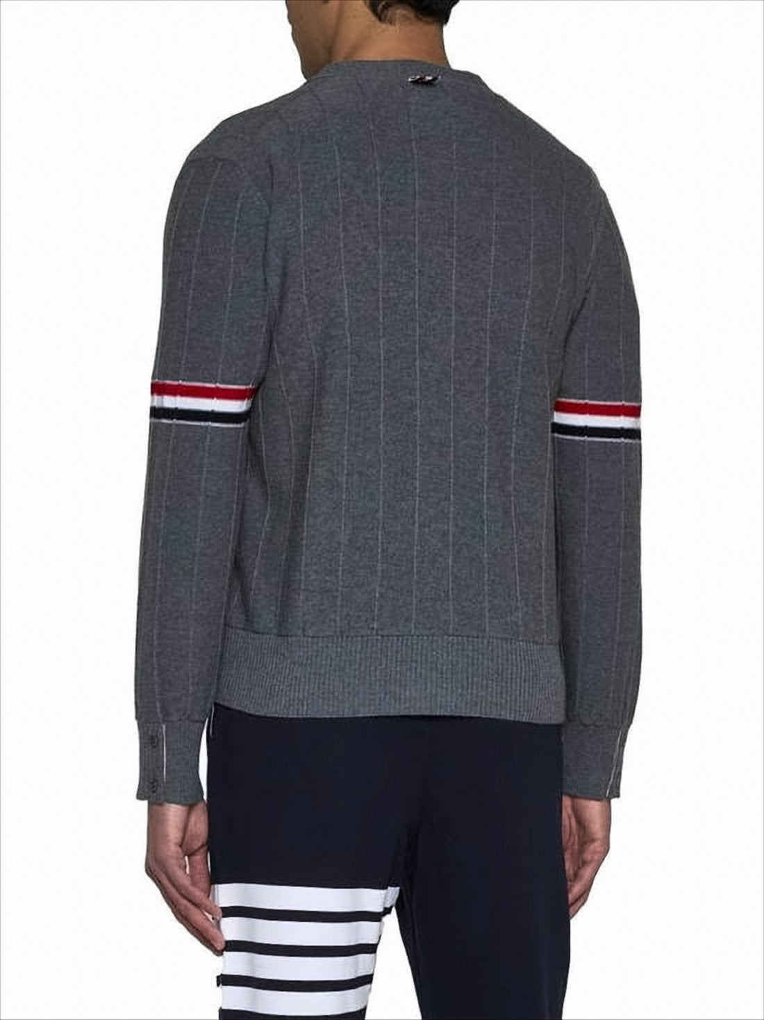 Grey Wool Cardigan with V-Neck and Iconic Striped Accents