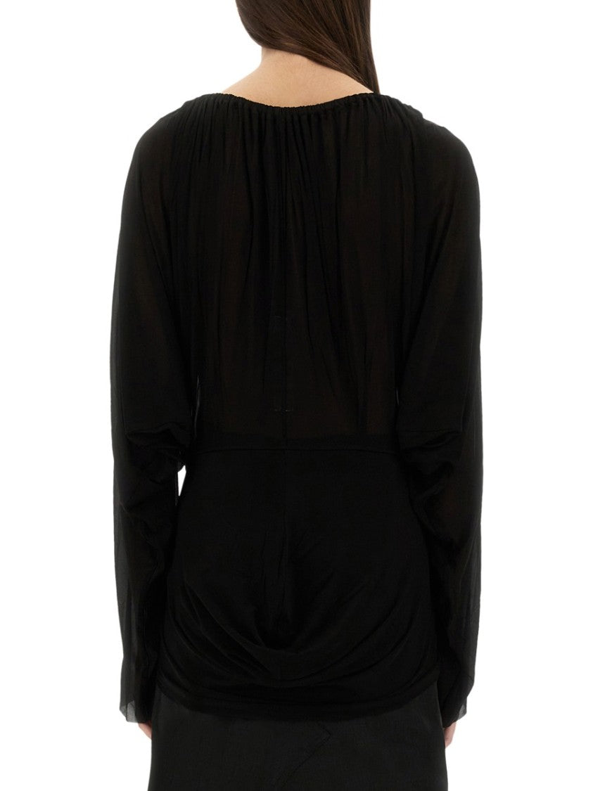Flowing Black Draped Top With Wide Neckline