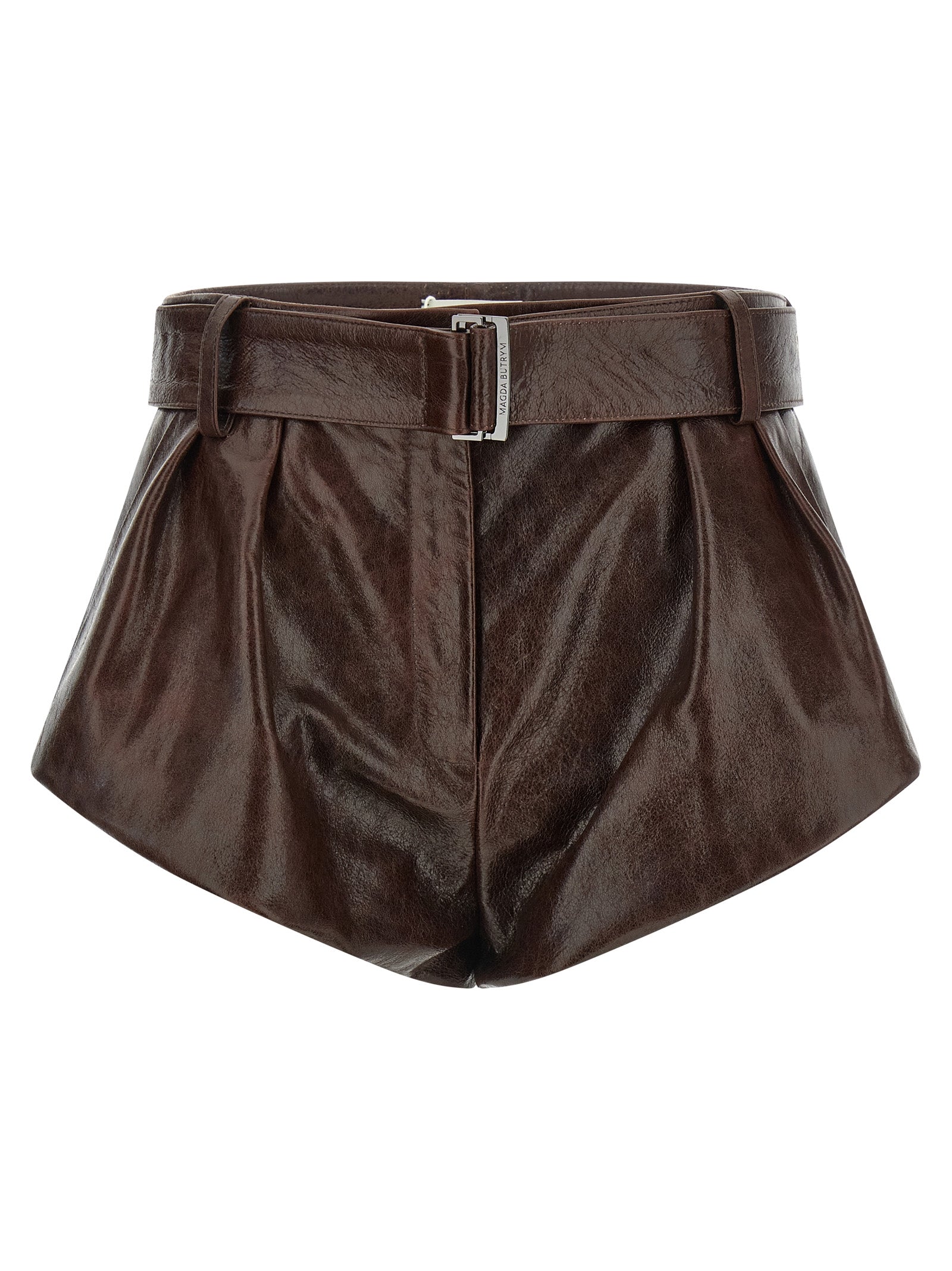 Craquelé Shiny Leather High-Waisted Shorts with Flared Silhouette