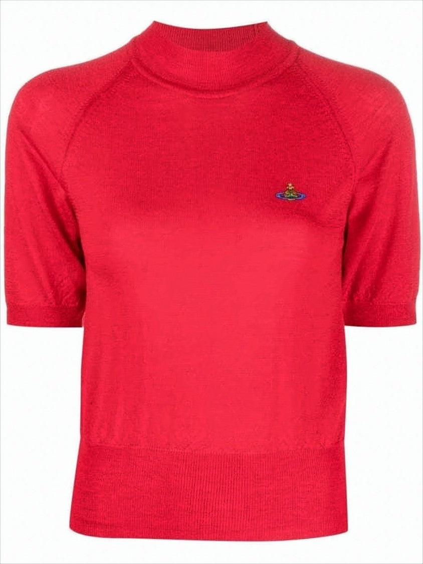 Fitted Red Knit Sweater with High Neckline
