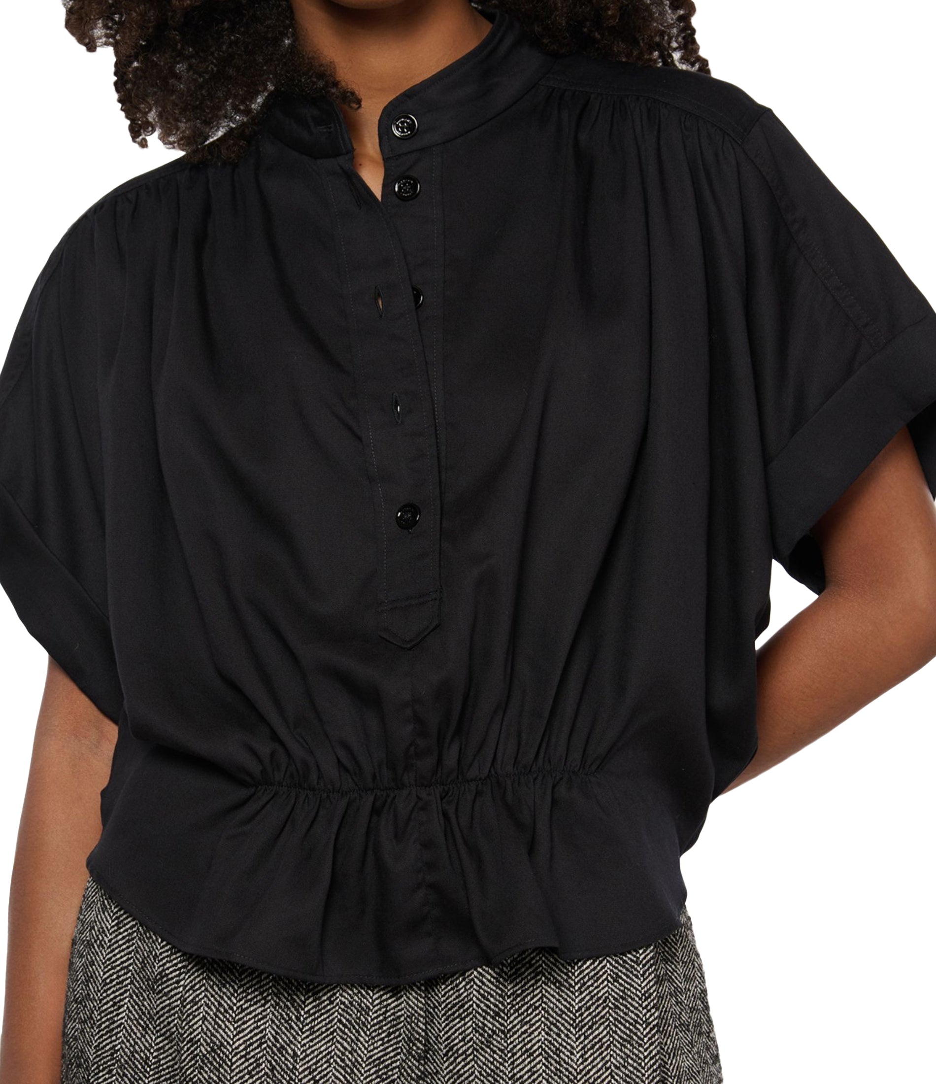 Short-Sleeved Blouse with High Neckline and Peplum Hem