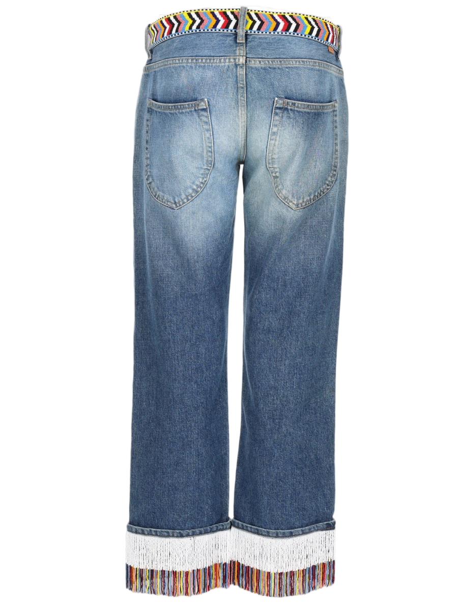 Straight-Leg Jeans with Fringe Hem and Vibrant Waistband