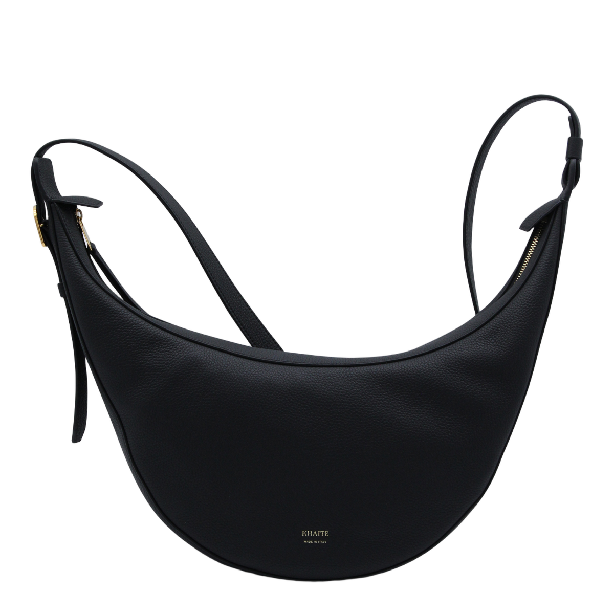 Crescent-Shaped Black Bag with Zip Closure