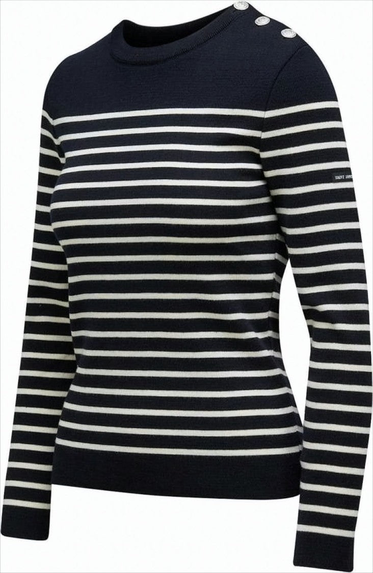 Horizontal Stripe Wool Sweater with Button Detail