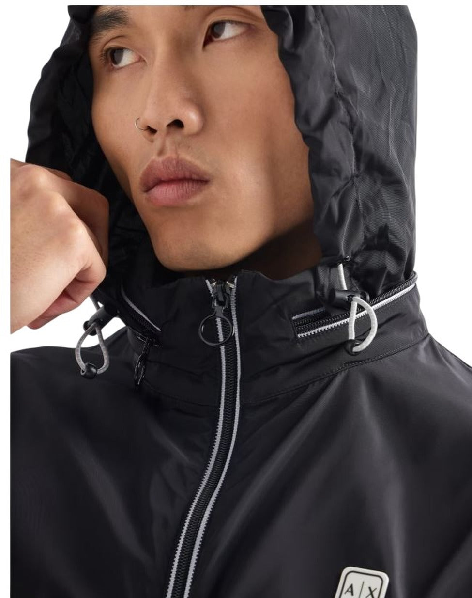 High Collar Zip-Up Coat With White Accents