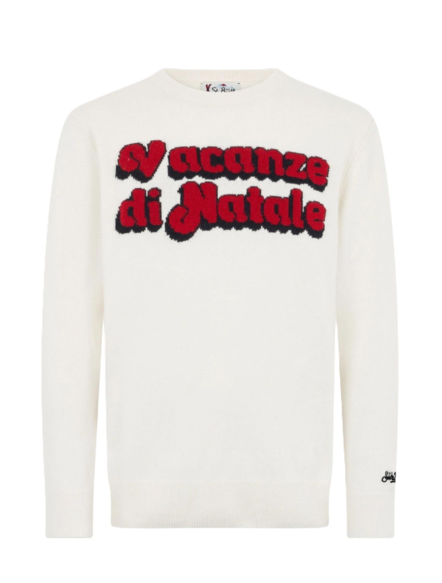 White Crewneck Sweater With Textured Lettering