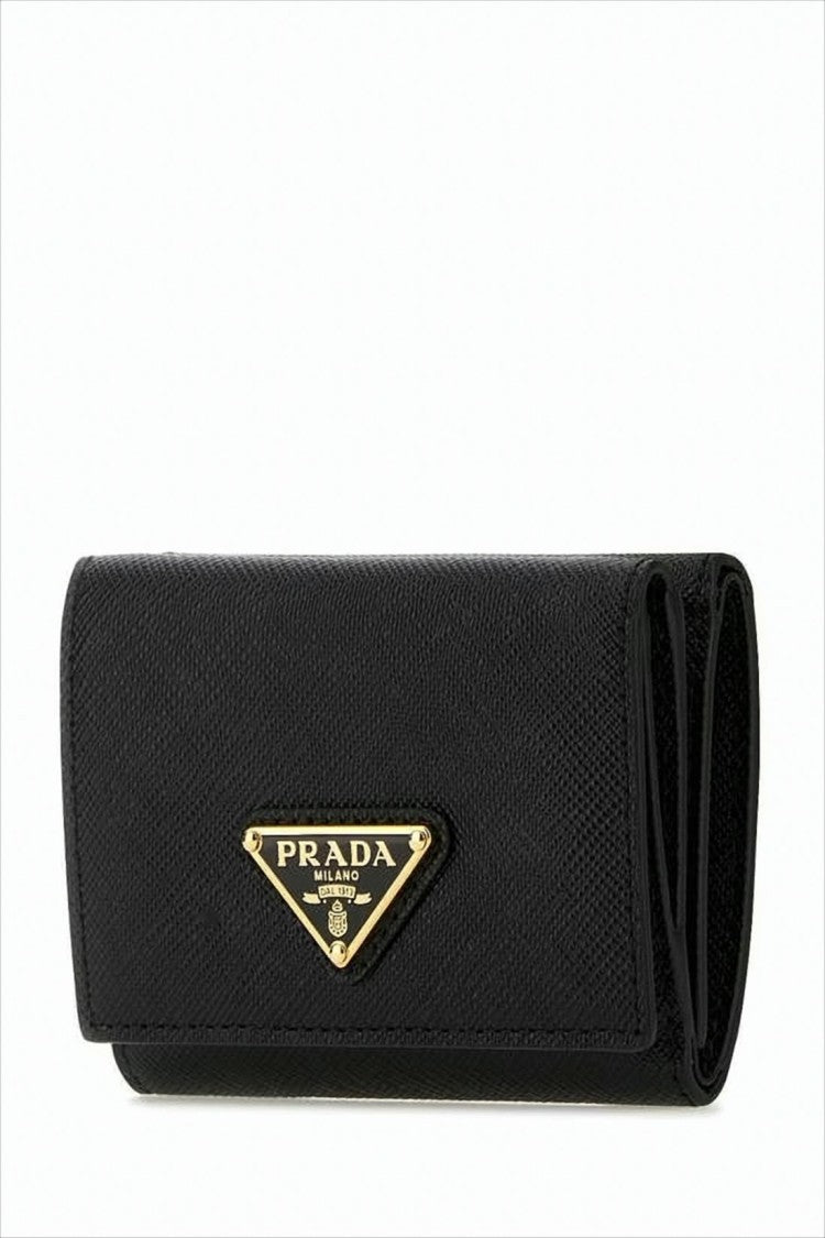 Textured Leather Bifold Wallet With Triangular Metal Logo