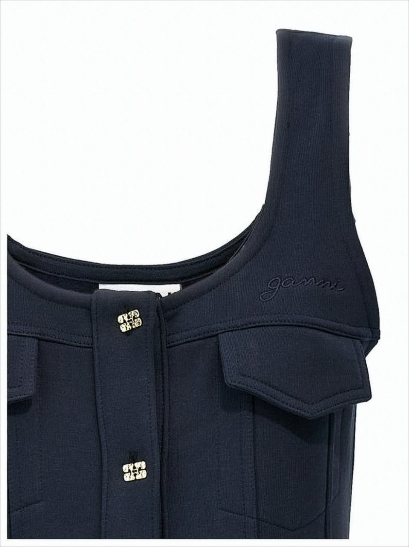 Structured Black Mini Dress With Flared Hem And Decorative Pockets