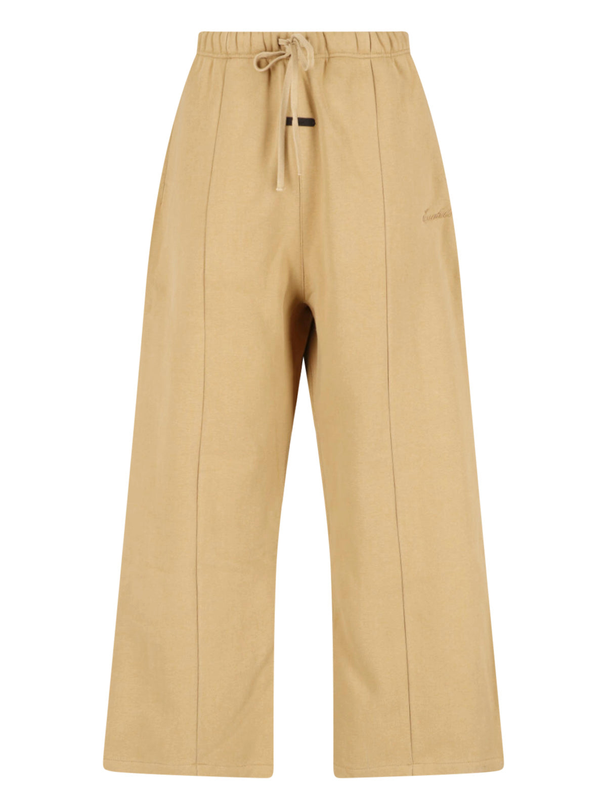 Beige Wide-Leg Cropped Tonal Embroidered Trousers